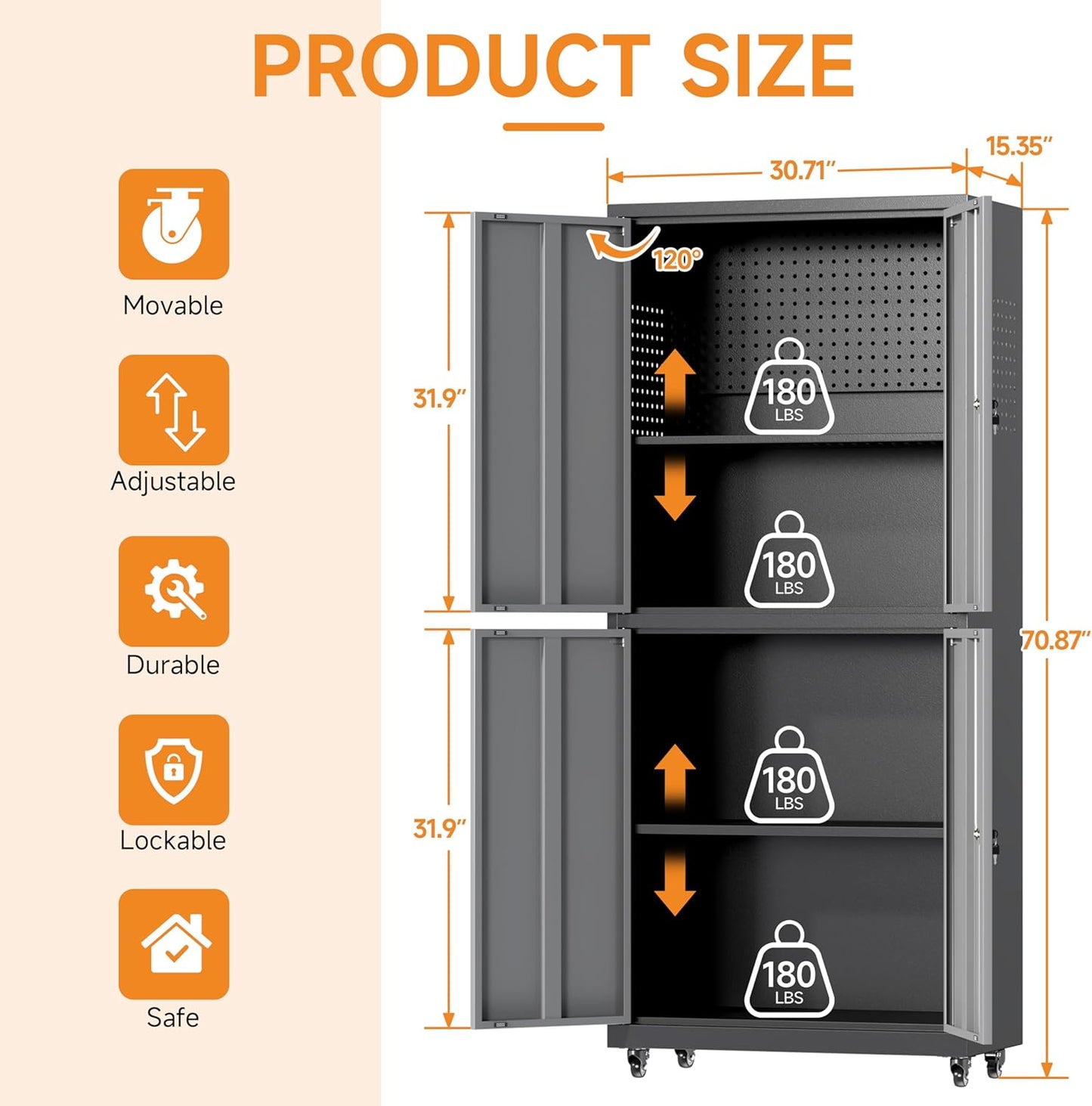 71" H Metal Tool Storage Cabinet with Lock and Wheels, Heavy Duty Garage Cabinet with 4 Doors and 2 Adjustable Shelves, Tool Organizer with Pegboard for Garage, Warehouse (Black&Gray, 71" H)