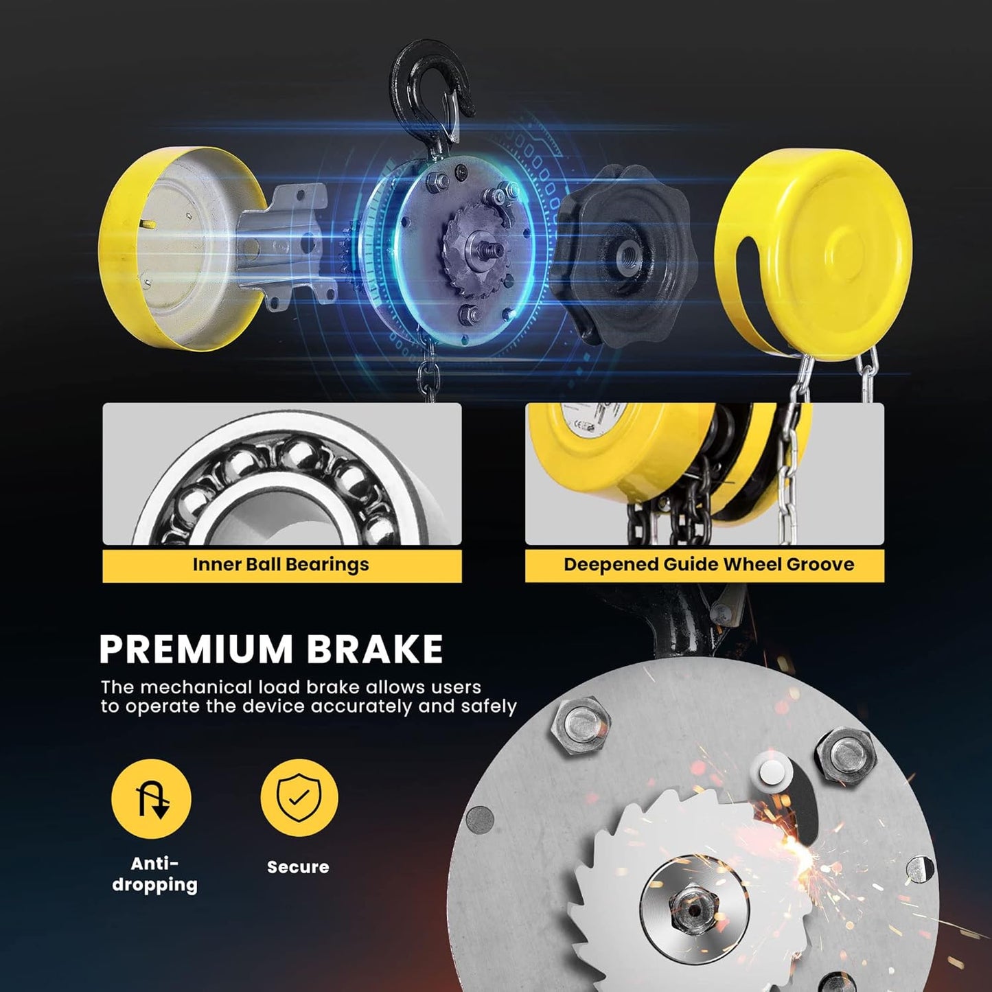 SPECSTAR Hand Chain Hoist 2 Ton 4400 Lbs Capacity 10 Feet with 2 Heavy Duty Hooks, Manual Chain Fall for Warehouse Building Automotive Machinery Yellow