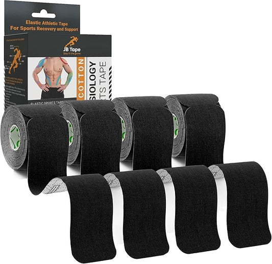 JB Tape, Precut Kinesiology Strips 4 Rolls- (80 Count, 10") Elastic, Latex-Free, Water Resistant, Athletic Sports Tape for Body, Joint & Muscle Support. (Black)