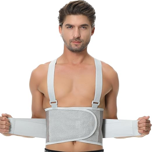 NeoTech Care Back Brace with Suspenders/Shoulder Straps - Light & Breathable - Lumbar Support Belt for Lower Back Pain - Posture, Work, Gym - Grey Color (Size M)
