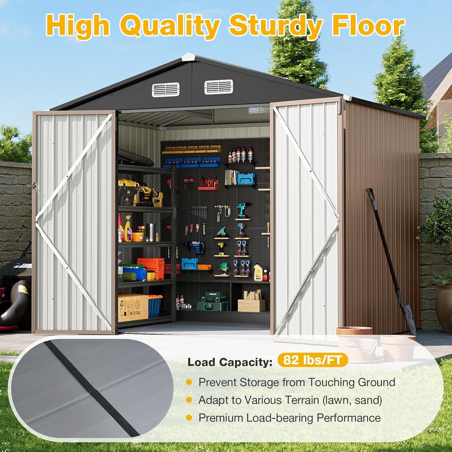 8x6 FT Outdoor Storage Shed with Floor & Lockable Double Doors, Heavy-Duty Galvanized Steel Outdoor Metal Shed for Bike, Tool, Generator Storage in Backyard, Patio (8’x6’, Floor)
