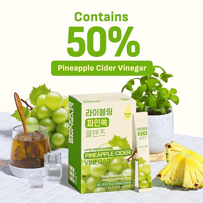 [Liveling] Pineapple Cider Vinegar Drink Stick – ShineMuscat Flavor | Supports Digestion, Daily Cleanse, Sugar-Free, Low-Calorie, Portable On-The-Go Packets (30 sticks)