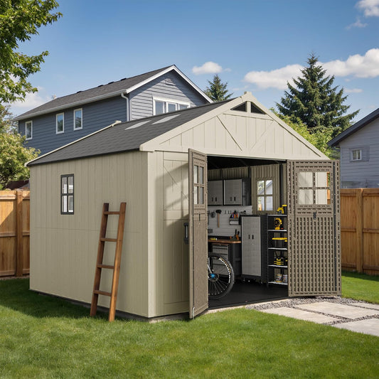 Devoko 10 x 10 FT Plastic Outdoor Storage Shed with Windows, Resin Tools Shed with Floor Large Storage Garden Shed for Patio,Garden, Backyard, Lawn, Beige