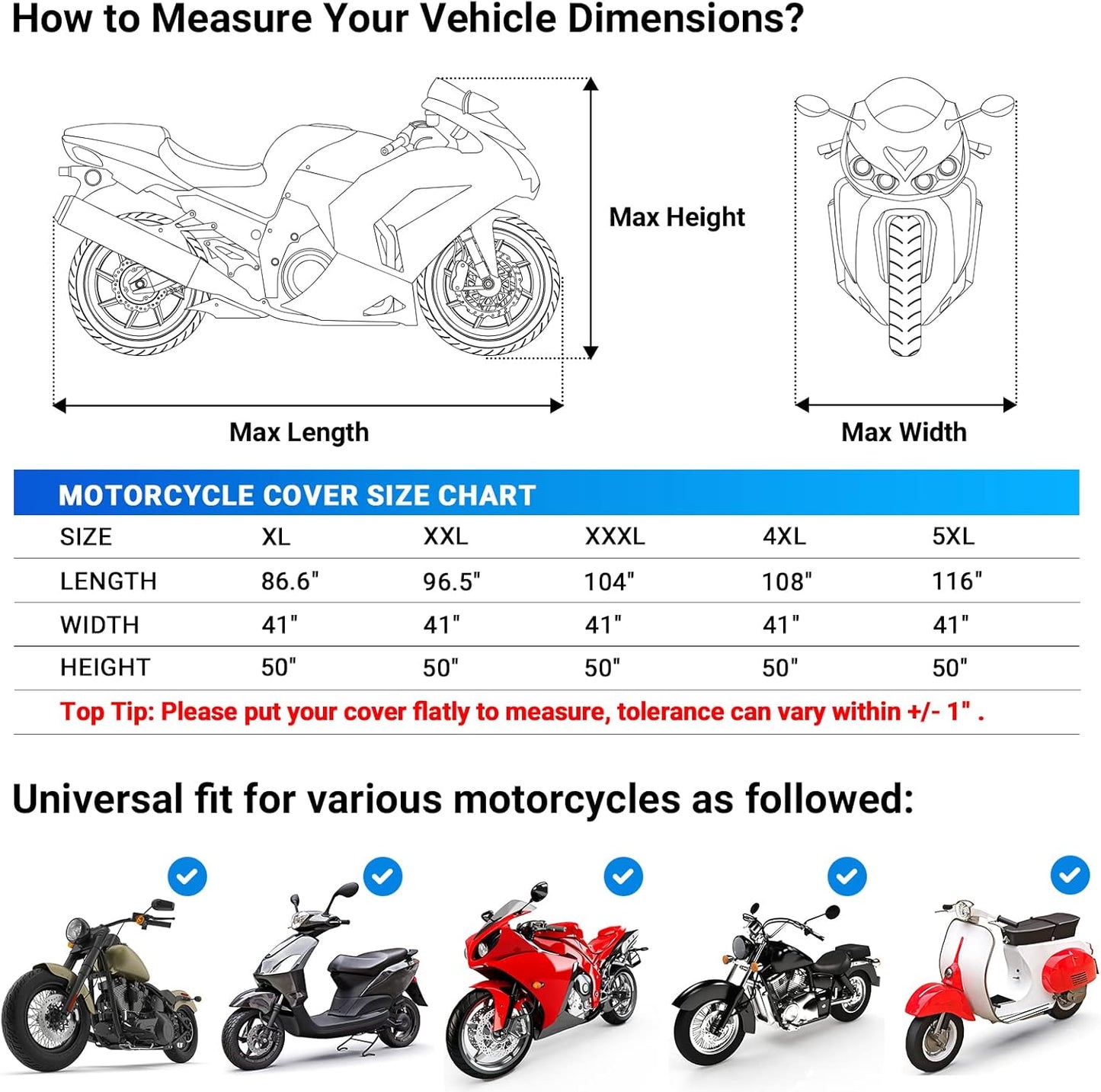 Favoto Motorcycle Cover Waterproof Outdoor - 96.5 inches Length All Season Universal Weather Rain Sun Protection Night Reflector with Lock-Holes Storage Bag Motorbike Vehicle Cover