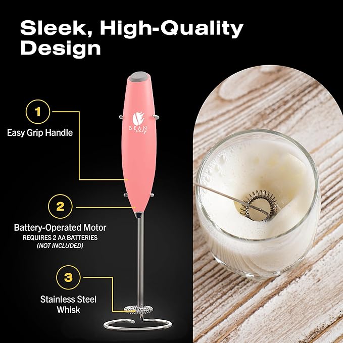 Bean Envy Milk Frother Handheld for Coffee - Electric Hand Blender, Mini Drink Mixer Whisk & Coffee Foamer Wand with Stand for Lattes, Cappuccino, Matcha and Hot Chocolate - Kitchen Gifts - Rose Pink