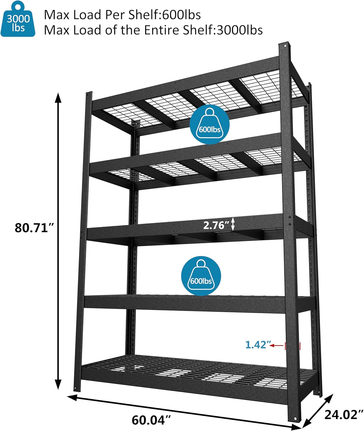 MUPATER 60.04”W × 24.02”D × 80.71”H Metal Storage Shelves, 3000 LBS Heavy Duty Utility Shelf Racks, Garage Shelving Unit with 5-Tier Adjustable Shelves for Kitchen, Warehouse, Garage