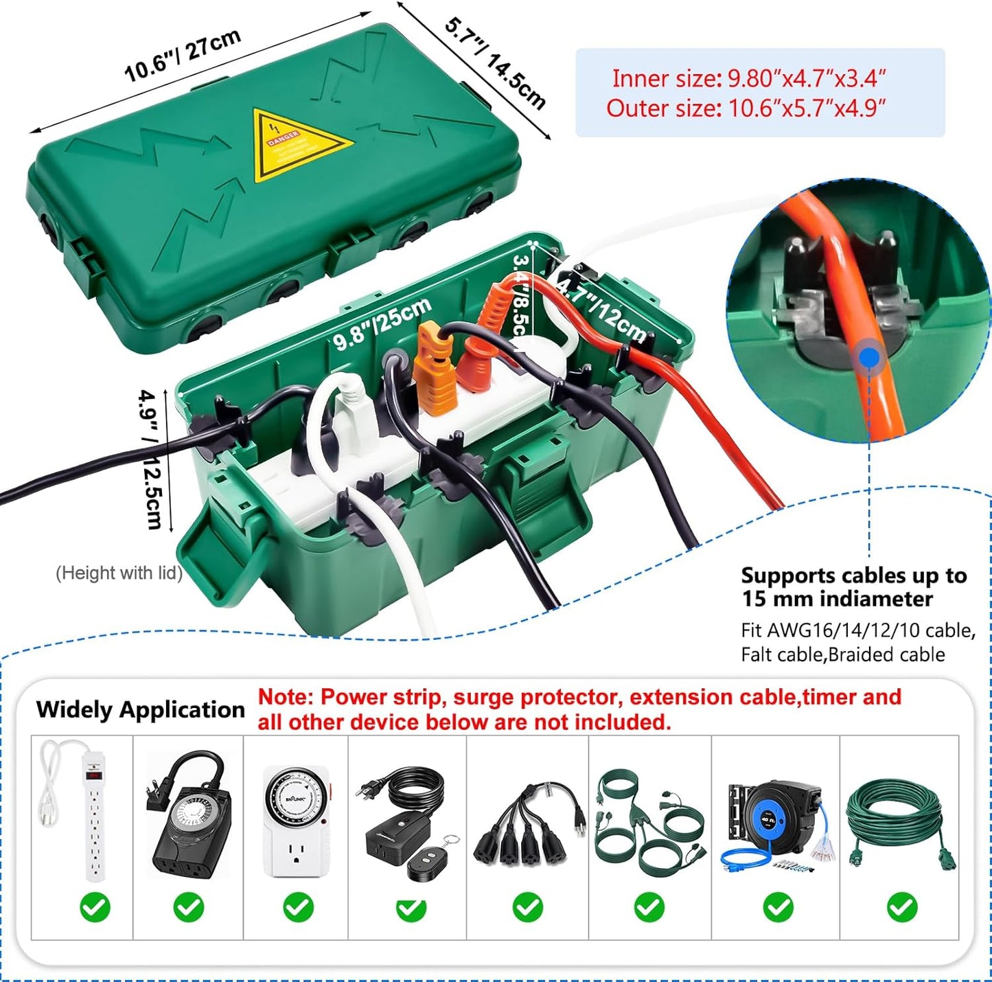 Hrensaw Medium Outdoor Electrical Box(10.6x5.7x4.9inch),Weatherproof Connection Box w/6 Cable Entry,IP54 Waterproof Extension Cord Cover Protect Power Strip,Timer,Plug,Holiday Lights,Green