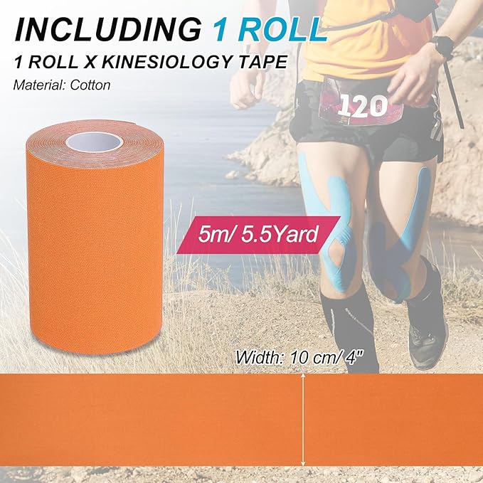 PATIKIL 5.5 Yard x 4 inch Kinesiology Tape, 1 Roll Adhesive Cotton Sports Muscle Support Tapes Waterproof Elastic Tape for Knee Ankle Wrist Shoulder, Orange