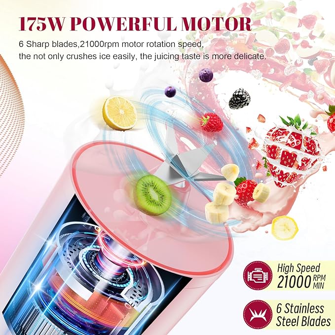 2PCS Portable Personal Blender 17 OZ/500 ML Juicer, 175W Personal Size Blender, Ideal for Smoothies, Ice Blending, Juicing, and Food Processing, Compact, Convenient, and Versatile (Pink&White)