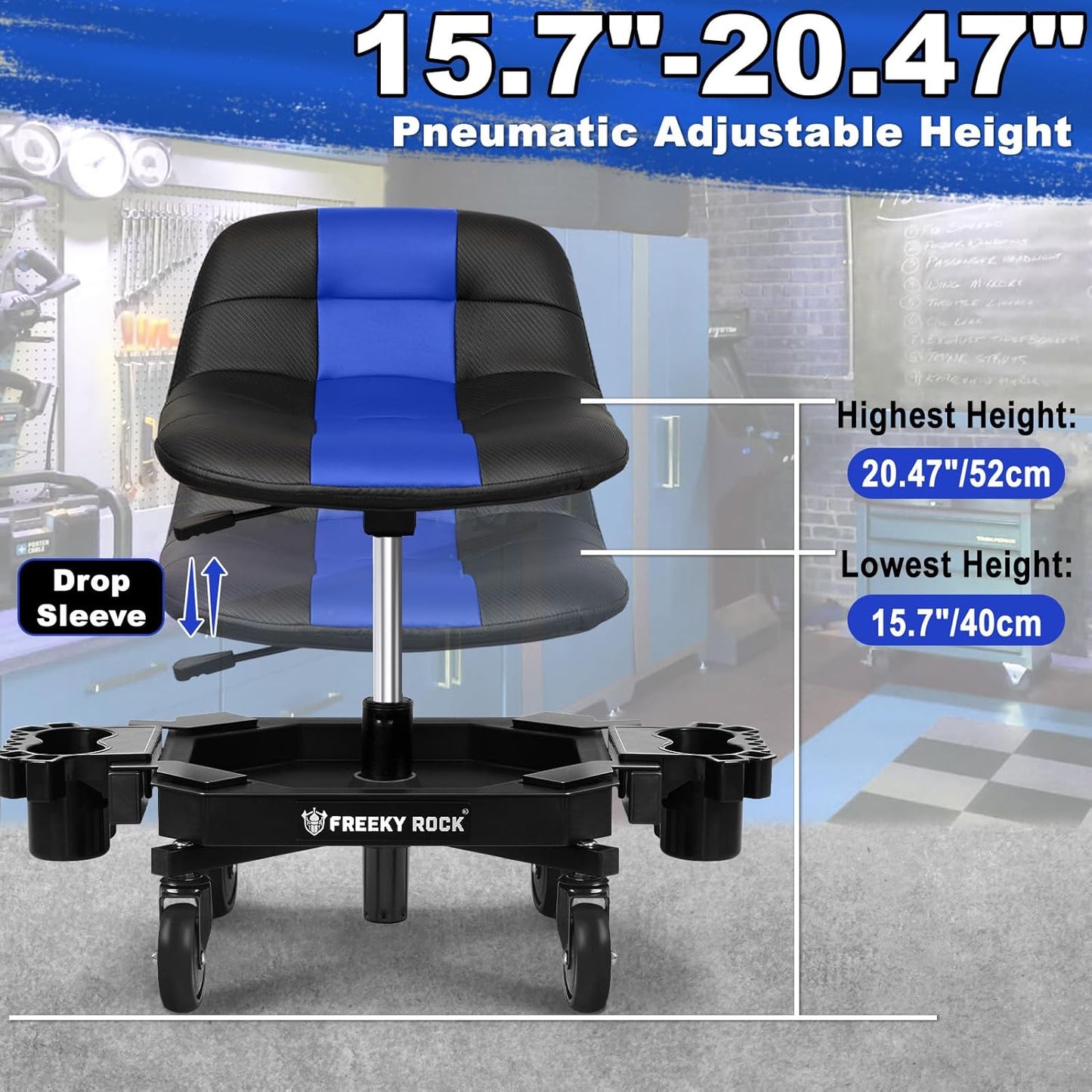 Rolling Stool with Wheels, Adjustable Height Pneumatic Garage Work Mechanic Stool Seat with Backrest, 400 LBS Capacity 360° Swivel Mechanic Crepper Chair with Tool Tray Storage, Blue