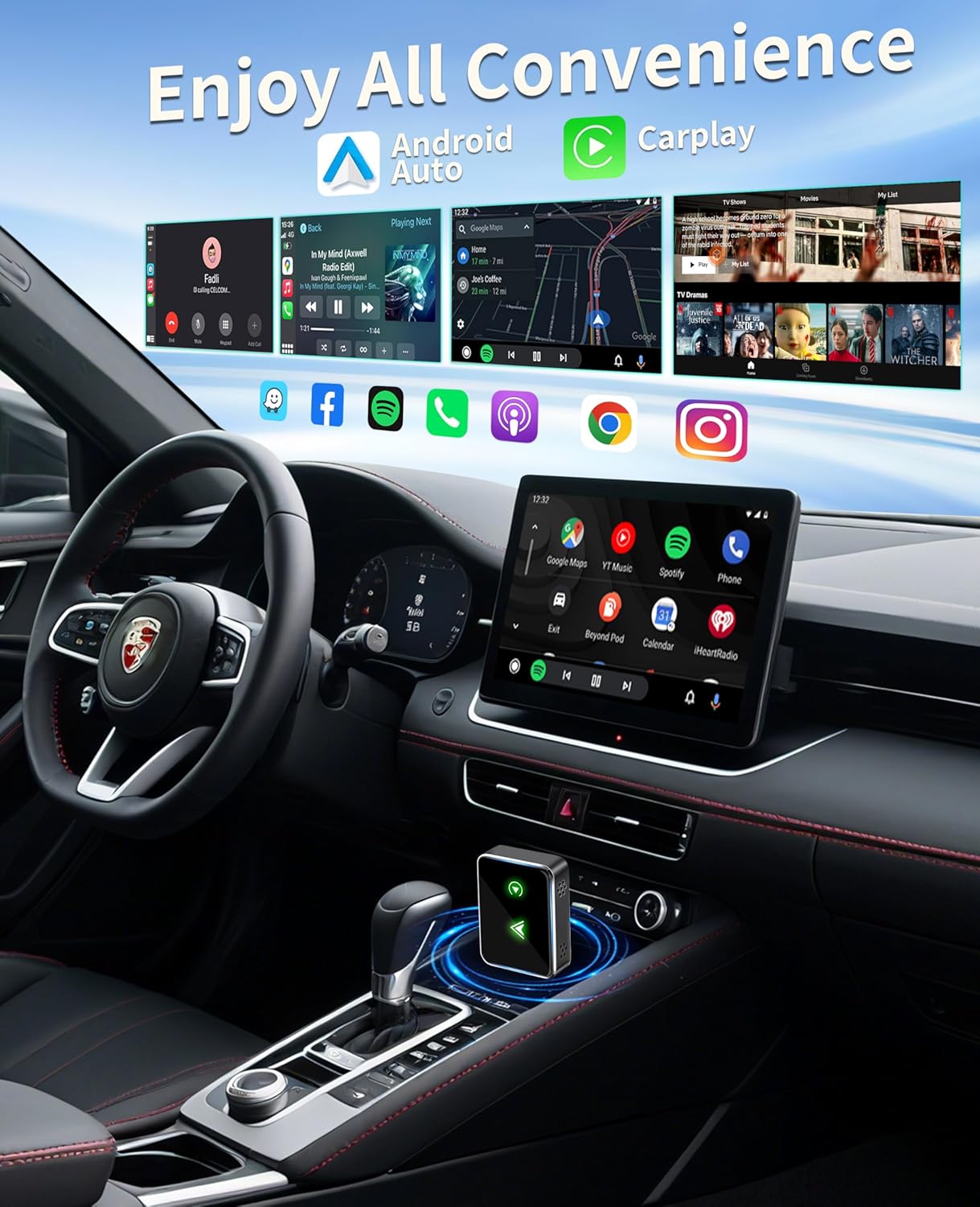 Carplay Wireless Adapter, 2 in1 Carplay & Android Auto 2025 Upgraded Wireless Adapter, Converts Wired to Mini Size Car Play, Fast Auto-Connect, No Latency, Plug and Play, USB A/C