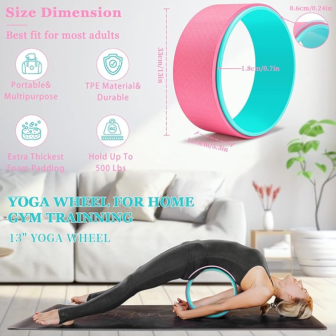 Yoga Wheel Set, Wheel Foam Roller for Back Pain & Stretching, Yoga Blocks 2 Pack with Strap, Trigger Point Therapy Massage Ball for Deep Tissue, 500lbs Capacity, Back Cracker Roller