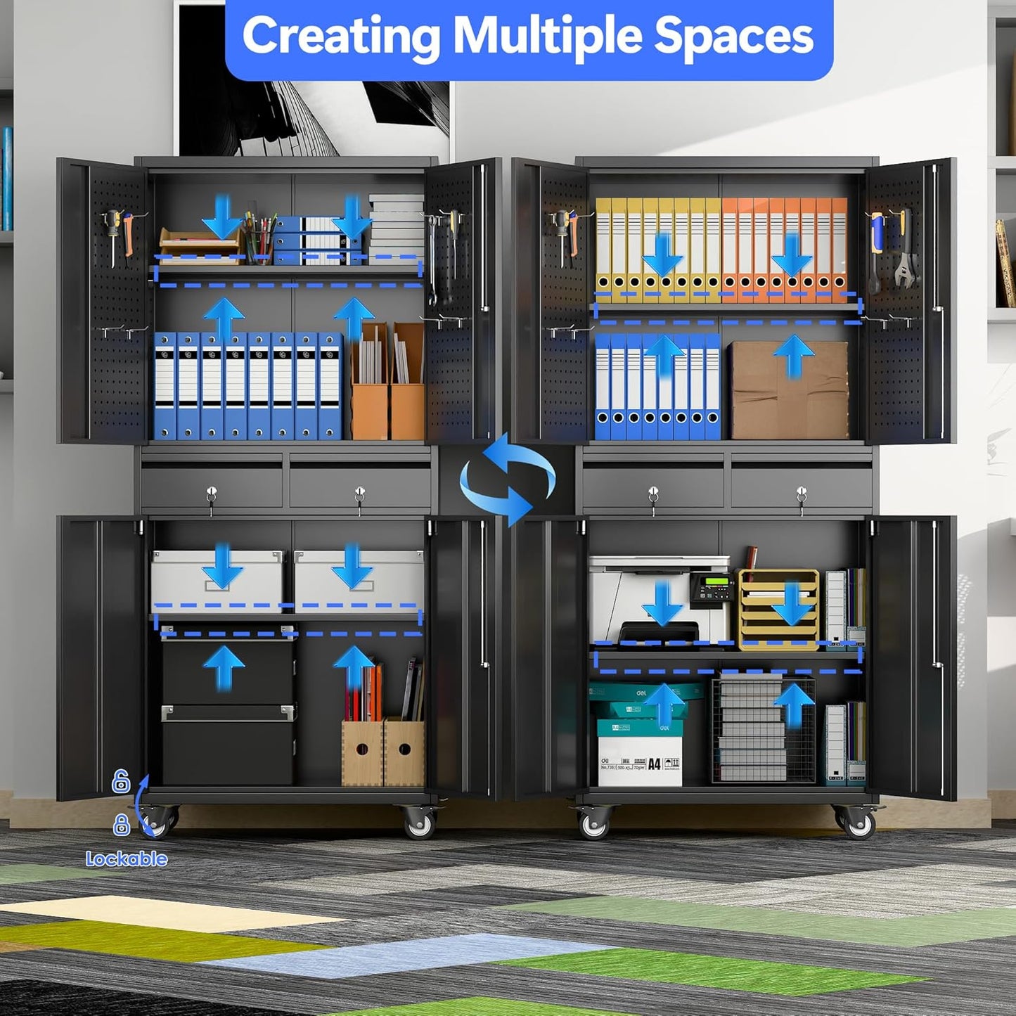 71" Metal Garage Storage Cabinet with 8 Hooks and Pegboards,2 Drawer Rolling Tool Storage with Locking Doors and Adjustable Shelves,Heavy Duty Steel Tool Cabinet for Garage, Warehouse