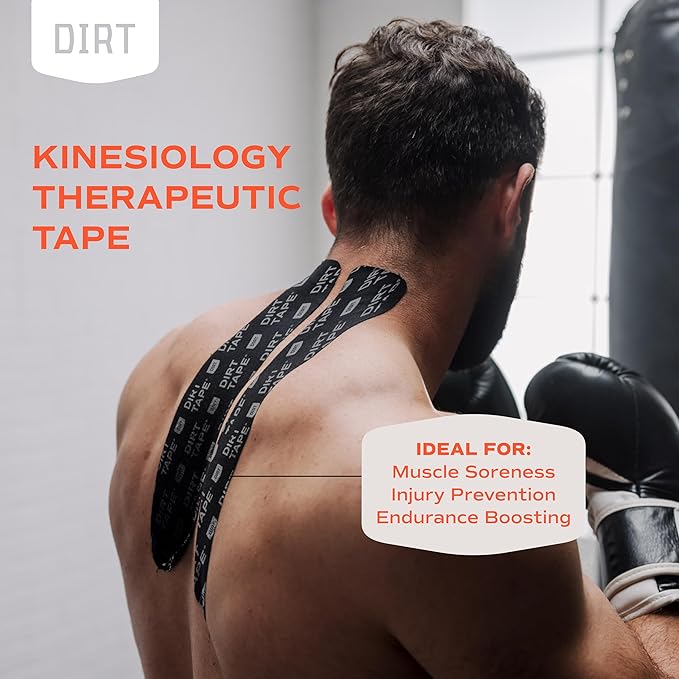 DIRT Tape-Pre Cut Athletic Kinesiology Tape-Muscle Pain Relief & Joint Support-Premium Elastic Cotton-Latex-Free-Water Resistant-Gym, Indoor & Outdoor Sports-2 Single roll (16.4 ft)-Black