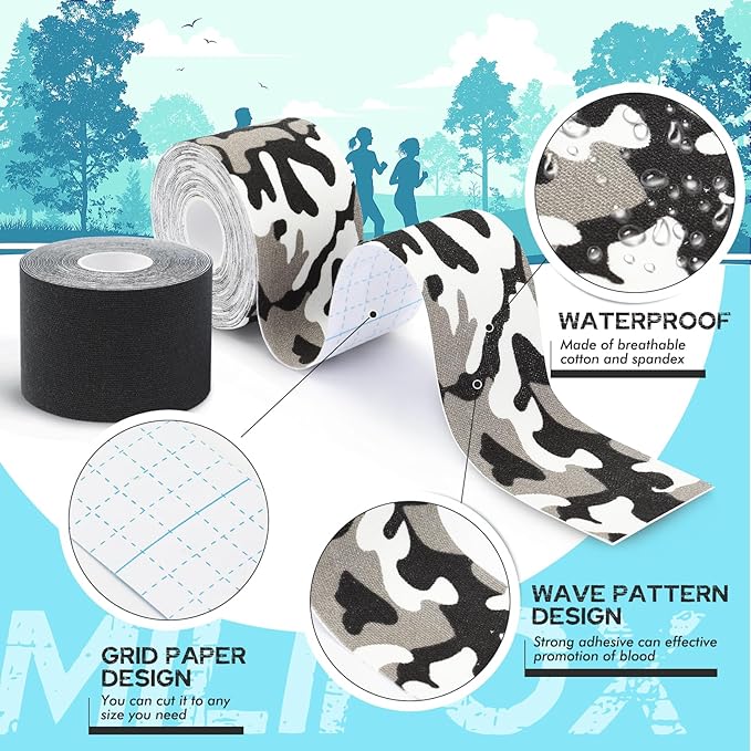 2 Rolls Kinesiology Tape, Waterproof Kinetic Tape 1.97 in x 16.4 ft, Uncut Cotton Elastic Athletic Strips for Knee, Shoulder, Ankle, Muscle Support (Black and Black Camouflage)