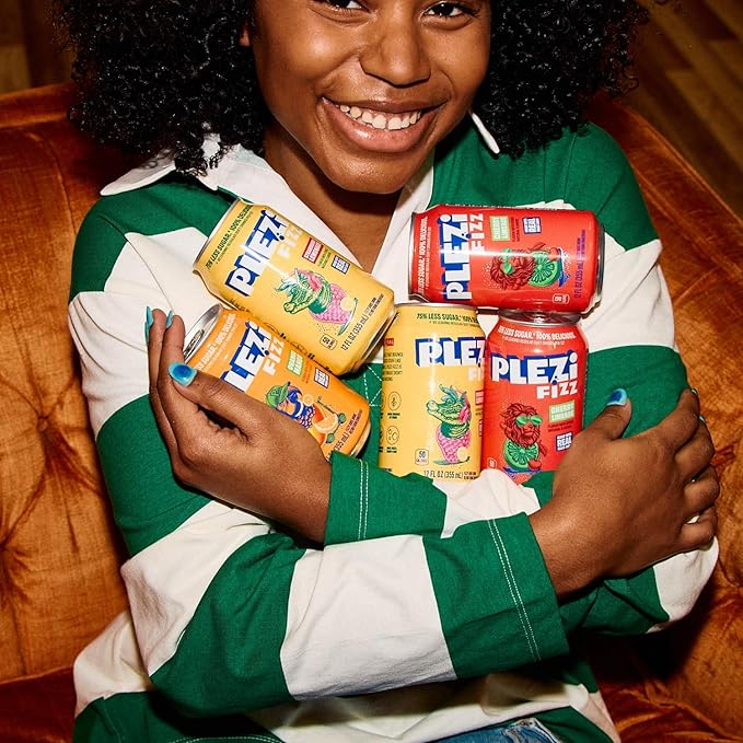 PLEZi FiZZ Strawberry Lemonade Sparkling Juice - Healthy Soda Alternative with Real Fruit Juice, No Added Sugar - Low Sugar Sparkling Drink - Good Source of Fiber, 12 Fl Oz (12 Pack)