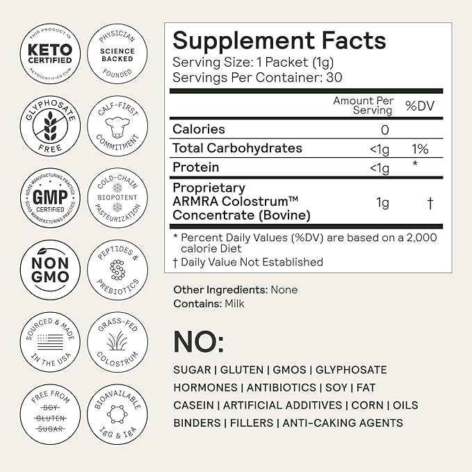 ARMRA Colostrum™ Powder | Unflavored | Gut Health & Bloating | Skin & Hair | Immunity | Keto, Gluten & Fat-Free | 60 Servings