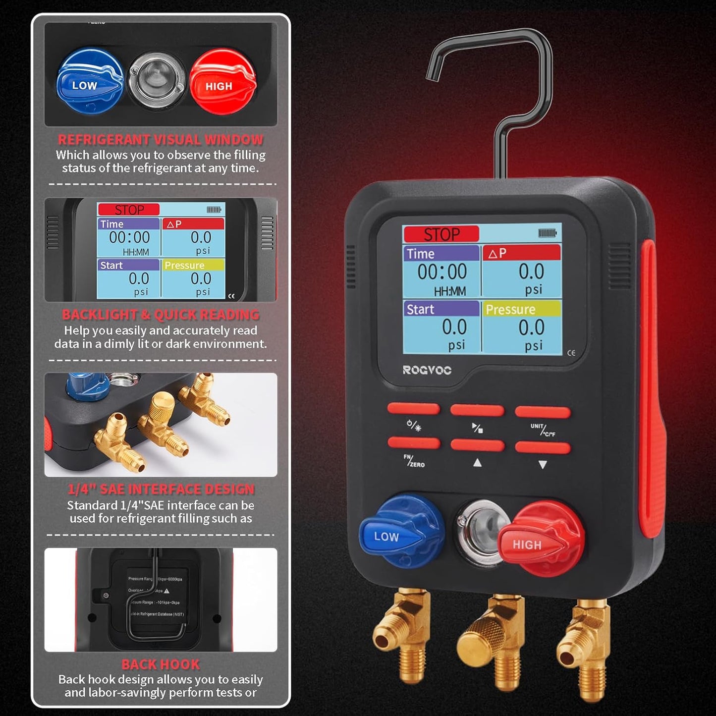 Digital Manifold Gauge, HVAC Refrigerants Digital AC Gauges Set with 2 Thermometer Clamps and 3 Hoses, for R22/R410A/R134A/1234YF Refrigerant Recharge Kit, Black