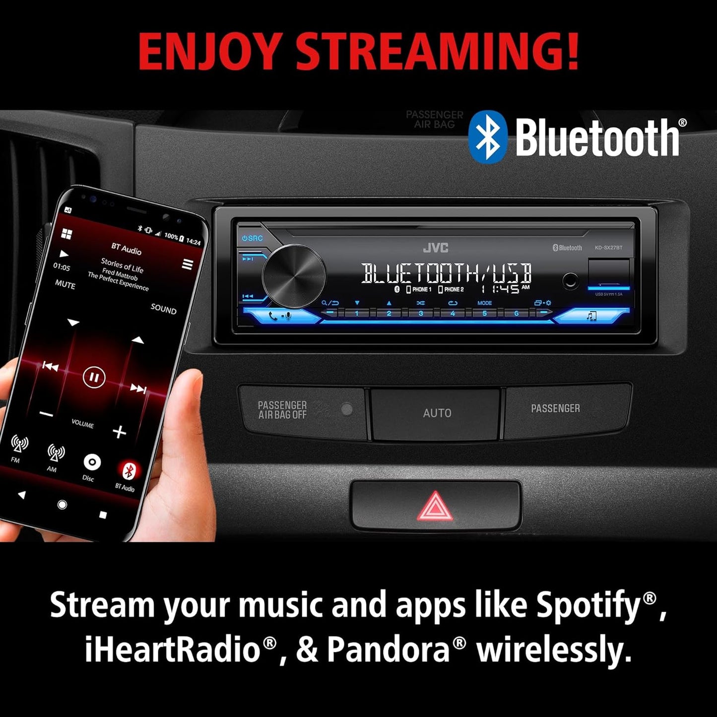 JVC KD-SX27BT Car Stereo with Bluetooth, 100W Digital Media Receiver, 1.5A USB to Charge Devices, Single DIN Head Unit, AM/FM, Aux-in, JVC Remote App