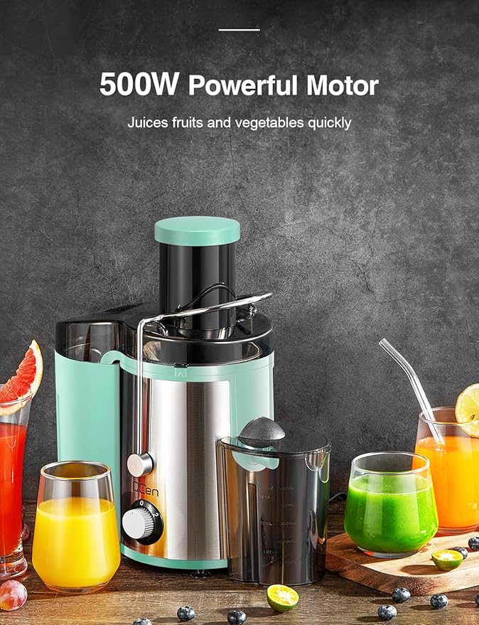 QCen Juicer Machine, 800W Centrifugal Juicer Extractor with Wide Mouth 3” Feed Chute for Fruit Vegetable, Easy to Clean, Stainless Steel, BPA-free (Aqua)