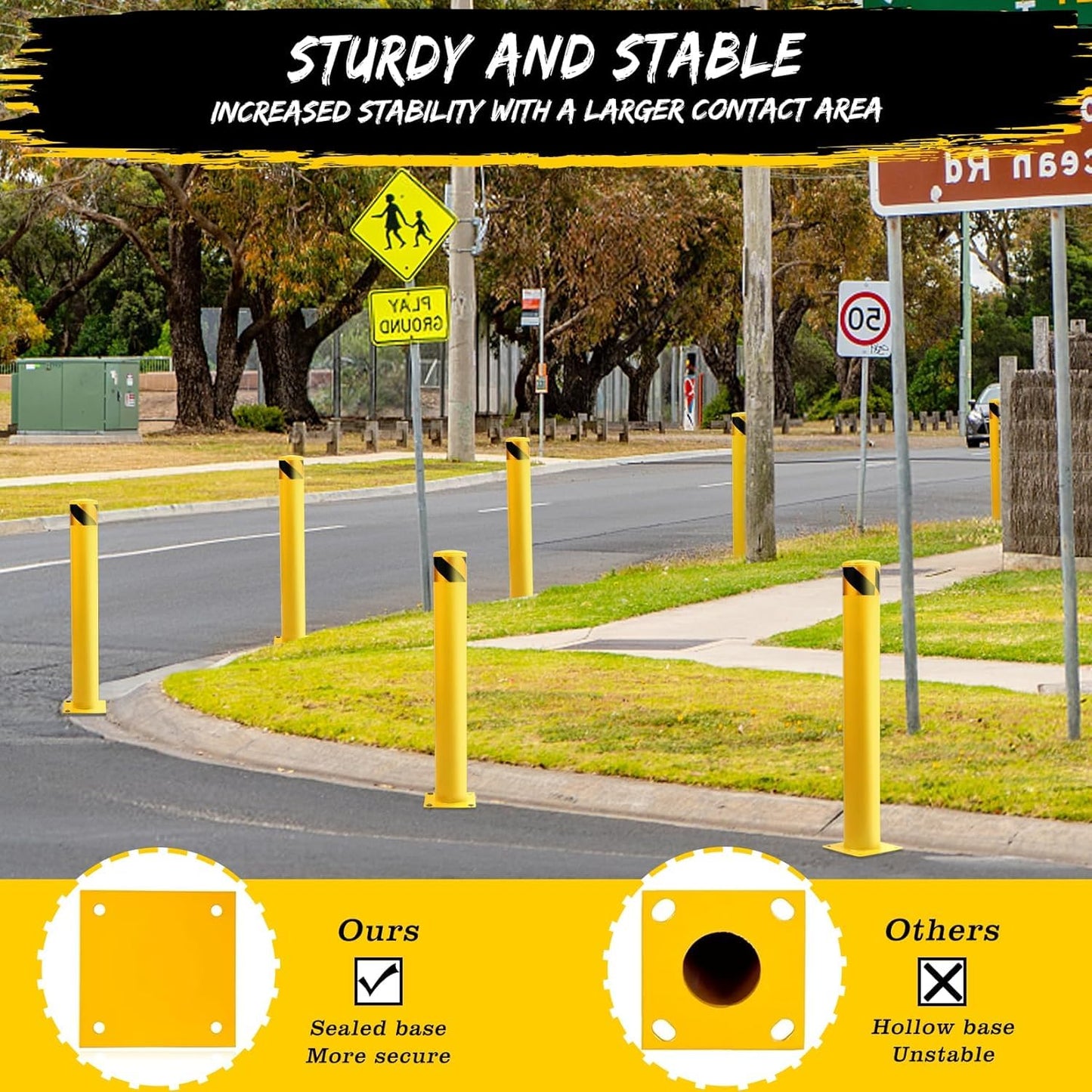 2 Pack Safety Bollard Post, 48 Inch Height 4.5 Inch Diameter Yellow Pipe Safety Steel Bollards with Anchor Bolts and Wrench, Steel Bollards for Road Warning Construction Traffic Control