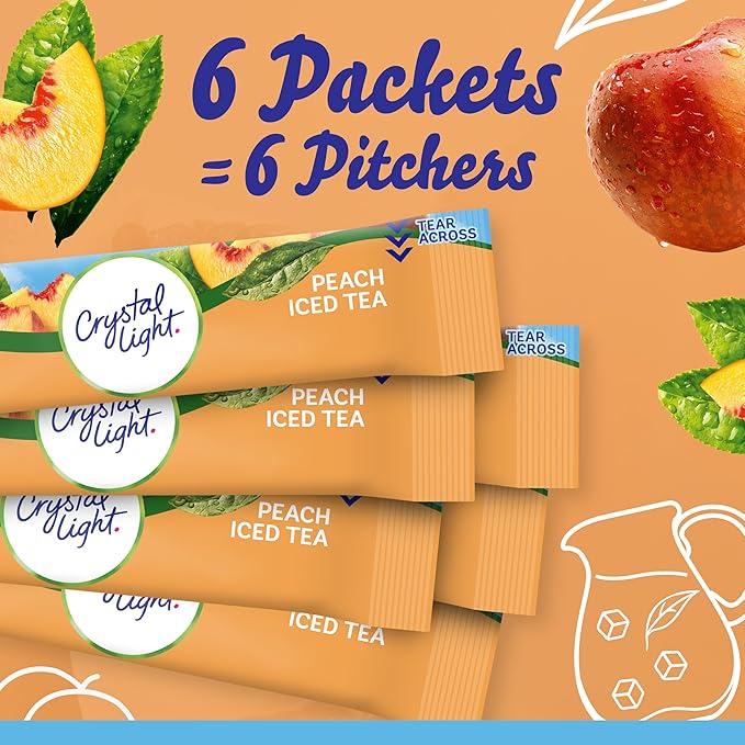 Crystal Light Peach Iced Tea Artificially Flavored Powdered Drink Mix, 72 ct Pack, 12 Canisters of 6 Pitcher Packets