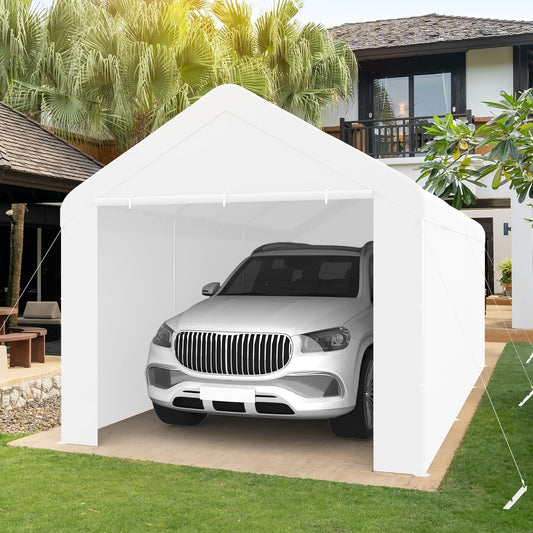 Carport 10x20 Heavy Duty Portable Garage w/Removable Sidewalls & Roll-Up Door Car Canopy Party Tents Waterproof UV Resistant All Weather Car Port for Trucks,Boats (White)