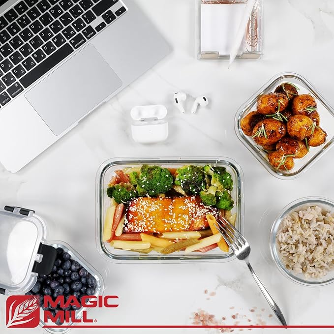 Magic Mill Glass Storage Containers with lids Set | Ultimate 24pc Sets with 12 Food Storage Containers & 12 Airtight Locking Lids for Lunch, Meal Prep, Fridge, Freezer, and Dishwasher Safe, BPA-Free