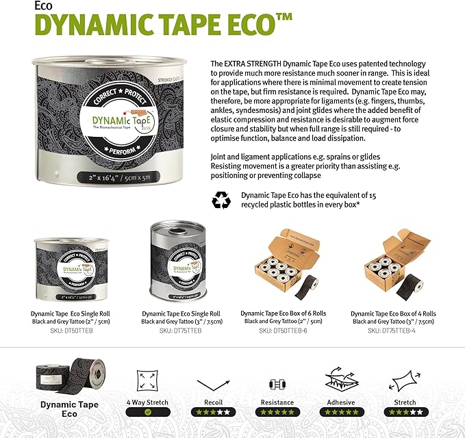 Dynamic Tape Eco | Biomechanical Adhesive Tape | Physio Tape for Knee, Ankle, Shoulder, Leg, Muscle Support | Sports Tape for Football, Rugby, Ideal for Athletes |Grey & Black - 2" (6)