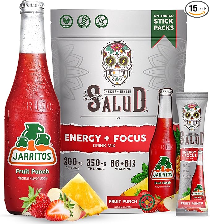 Salud x Jarritos 2-in-1 Energy Drink Powder + Focus, Fruit Punch, Organic Caffeine, B6 + B12, Theanine, Clean Energy Drink Packets, Agua Fresca Mix, Non-GMO, Gluten Free, 1g of Sugar, (15 Servings)