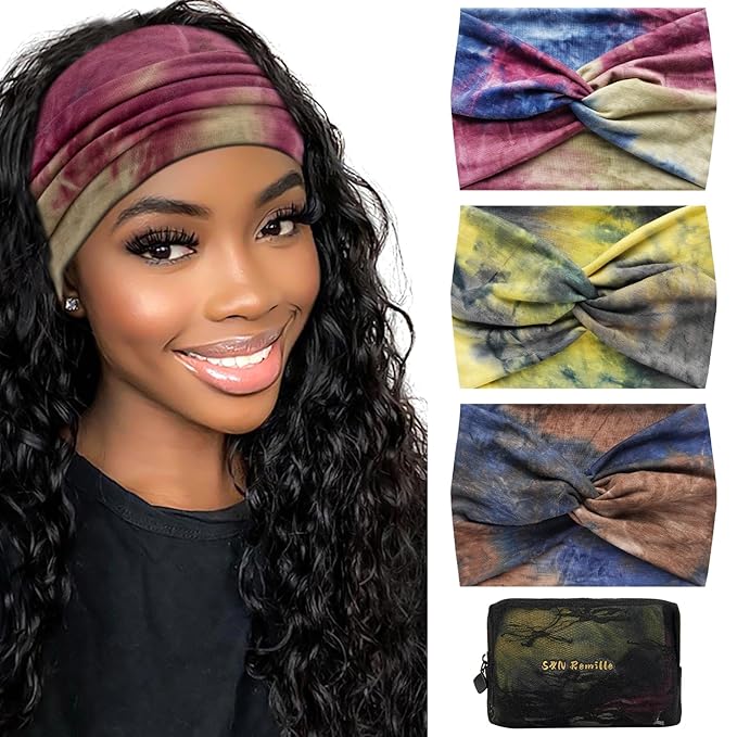S&N Remille Wide Headbands for Women, Large Hairband, Elastic Non-Slip Headband Twist Knotted Accessories, Yoga Workout Vintage Hair 3 Pack (Colour-4)