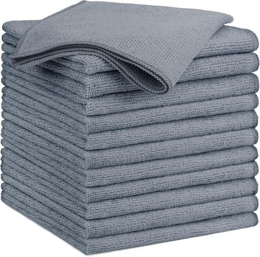 GLIMGLINT Grey Microfiber Cleaning Cloth, 12 Pack Cleaning Towels for Kitchen, Lint Free, Scratch-Free, Highly Absorbent, and Reusable Cleaning Rags for House, Window and Glass, Cars, 14"X12"