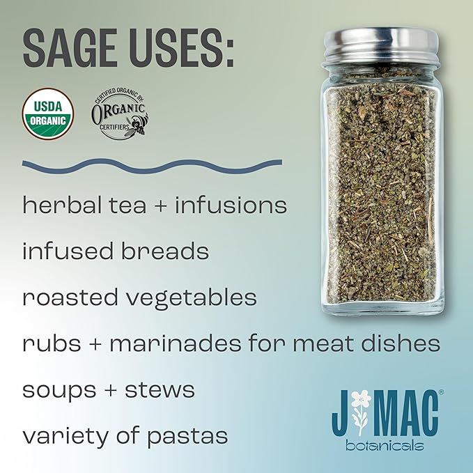 J Mac Botanicals, Organic Rubbed Sage (8 oz), Certified USDA Organic, Dried Rubbed Sage Leaf. Culinary Grade-excellent for sausage making, fresh Albanian harvest