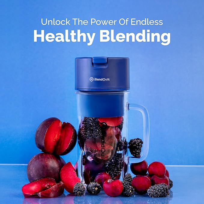 Personal Portable Blender For Shakes & Smoothies, Leakproof & Stylish Portable Mason Jar Shaker, Rechargeable Mini Blender with 10-Blade Blending System 14oz, Dark Blue