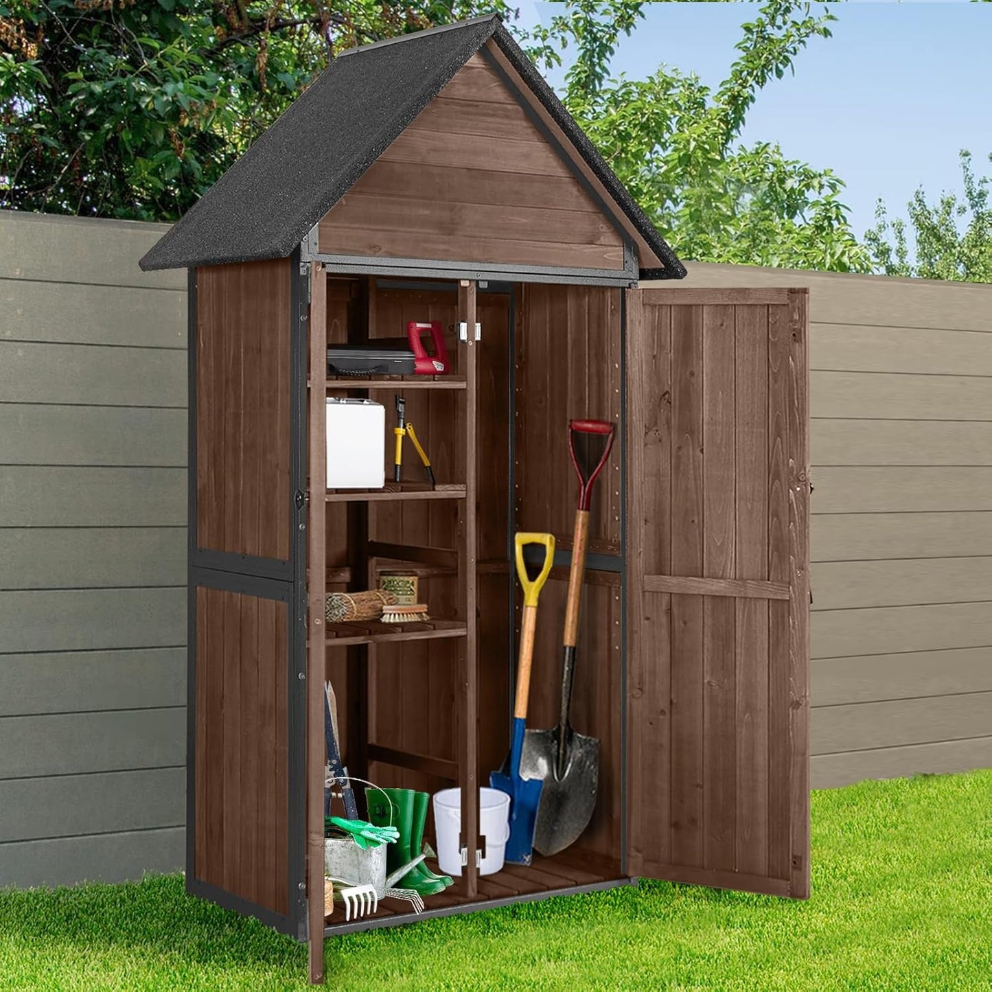 Sheds Outdoor Storage,Garden Shed with Metal Frame Structure and Adjustable Shelves,Large Capacity Storage Tool Cabinet Box for Backyard Garden Patio Lawn (Dark Brown)