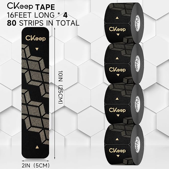 CKeep 4 Rolls Kinesiology Tape, Original Cotton Elastic Athletic Tape, 20 CT 10" Precut Strips Each, Waterproof Tape for Muscle Strain Relief and Joint Support, Black
