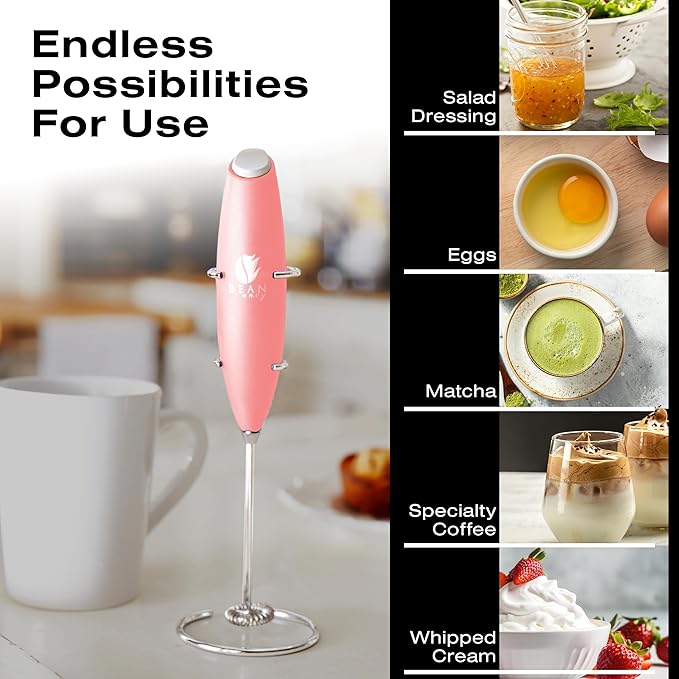 Bean Envy Milk Frother Handheld for Coffee - Electric Hand Blender, Mini Drink Mixer Whisk & Coffee Foamer Wand with Stand for Lattes, Cappuccino, Matcha and Hot Chocolate - Kitchen Gifts - Rose Pink