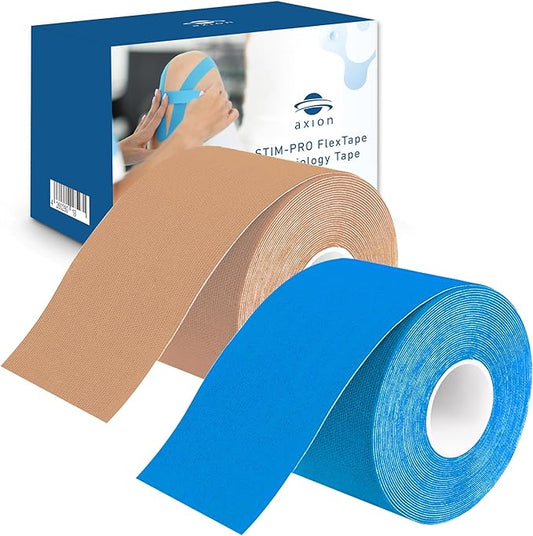 Kinesiology Tape Uncut | 2 Rolls of Athletic Sports Tape in Blue and Beige | 16ft Length and 2'' Width per Roll | Waterproof • Skin-Friendly • Elastic | Ideal for Sports | axion