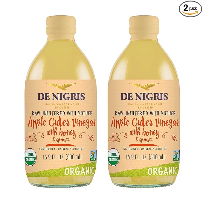 De Nigris Organic Apple Cider Vinegar With Honey & Ginger, Raw & Unfiltered 16,9 Oz (Pack of 2) | Apple Cider Vinegar With Mother For The Balance Of Metabolism, Organic
