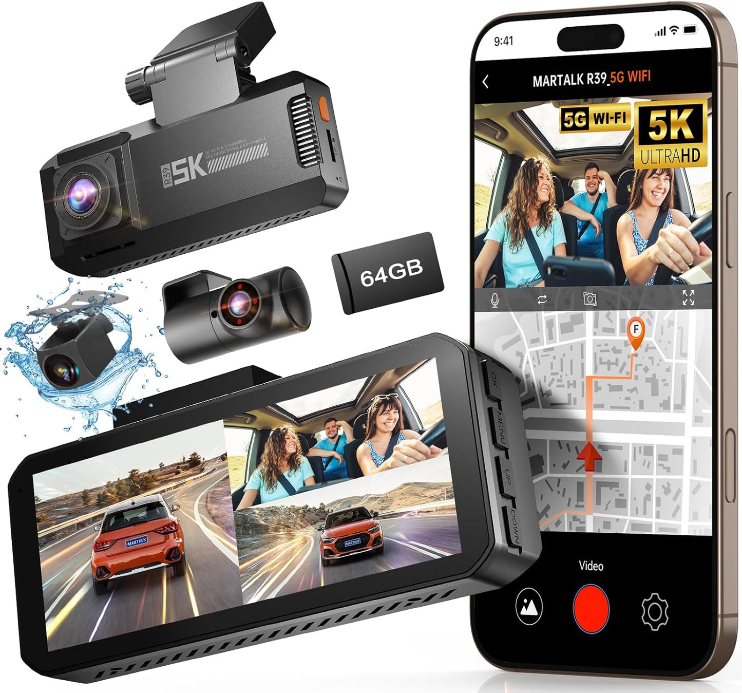 R39 Dash Cam Front and Rear,Dash Cam 3 Channel 5K with Built-in GPS & 5G WiFi.UHD 4K+1K+1K Triple Car Camera, 3.99" IPS Touch Screen, 64GB Card, Front, 24/7 Parking Monitoring for Dash Camera
