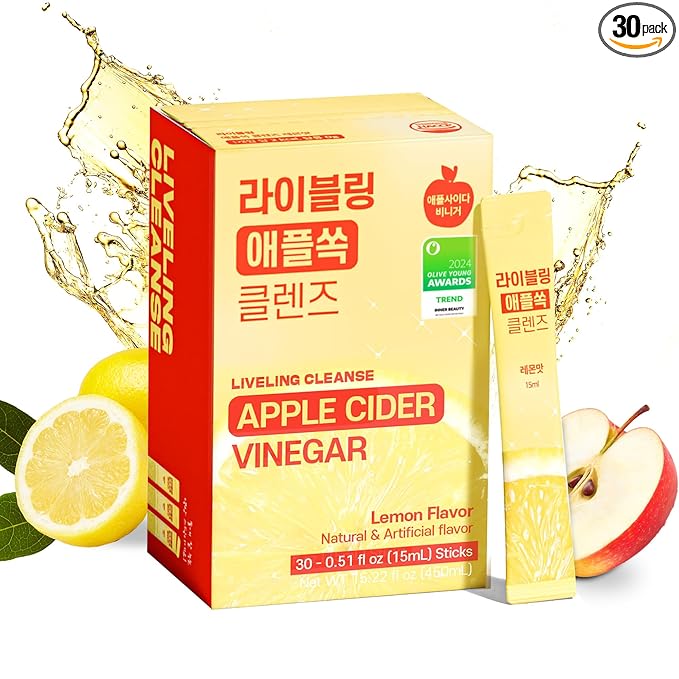 [Liveling] Apple Cider Vinegar Drink Stick – Lemon Flavor | Supports Digestion, Daily Cleanse, Sugar-Free, Low-Calories, Portable On-The-Go Packets (30 sticks)