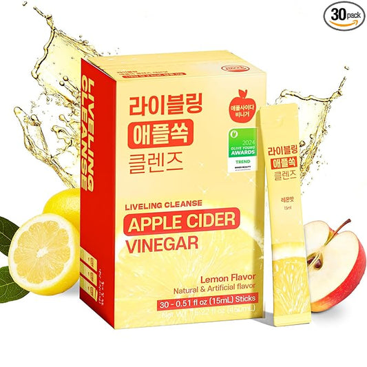 [Liveling] Apple Cider Vinegar Drink Stick – Lemon Flavor | Supports Digestion, Daily Cleanse, Sugar-Free, Low-Calories, Portable On-The-Go Packets (30 sticks)