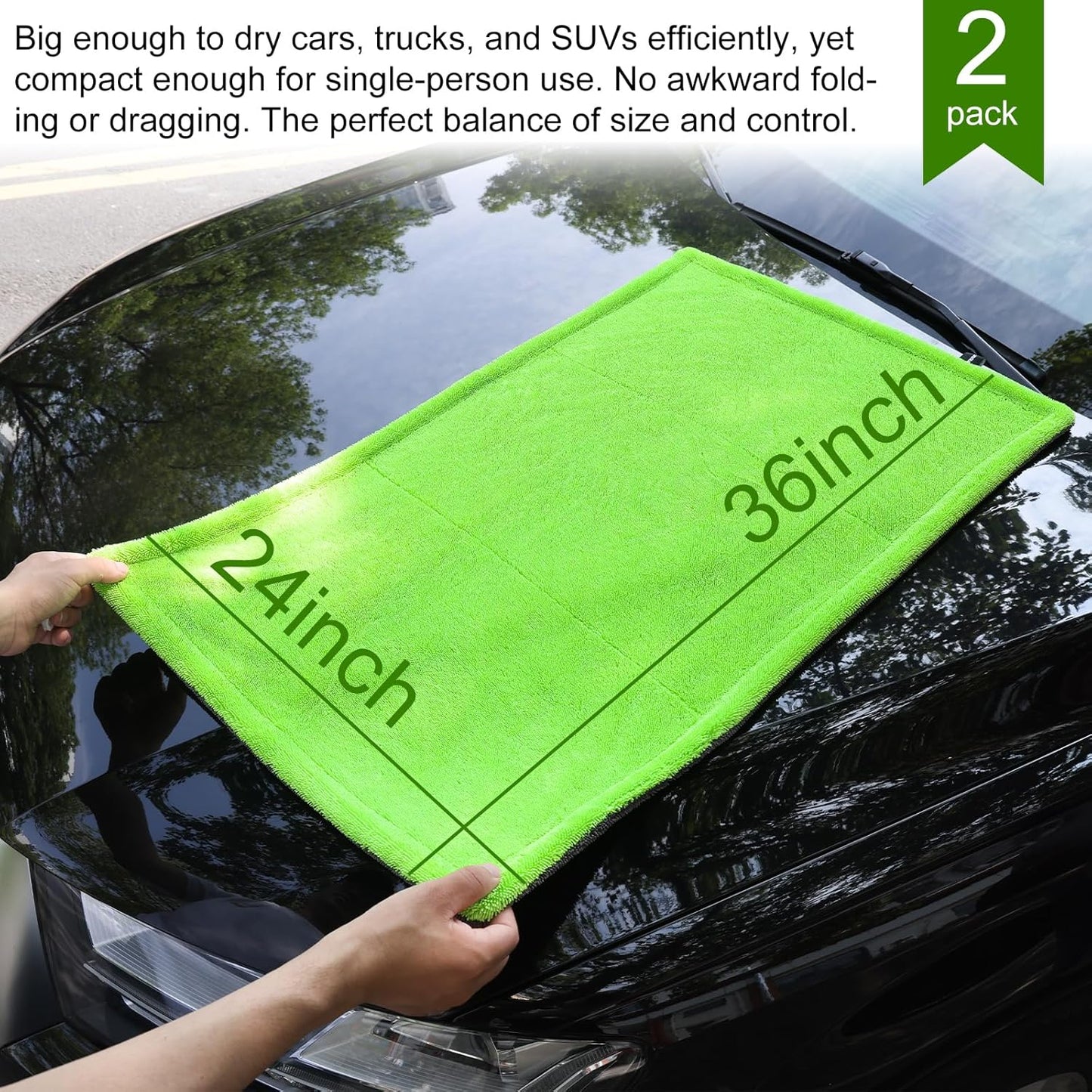 2 Pack XL Car Drying Towel – 1300GSM Ultra Absorbent Microfiber, 24"x36" Large Size, Twisted Loop, Lint-Free & Streak-Free for Auto Detailing, Car, SUV, Truck (Gray-Green)
