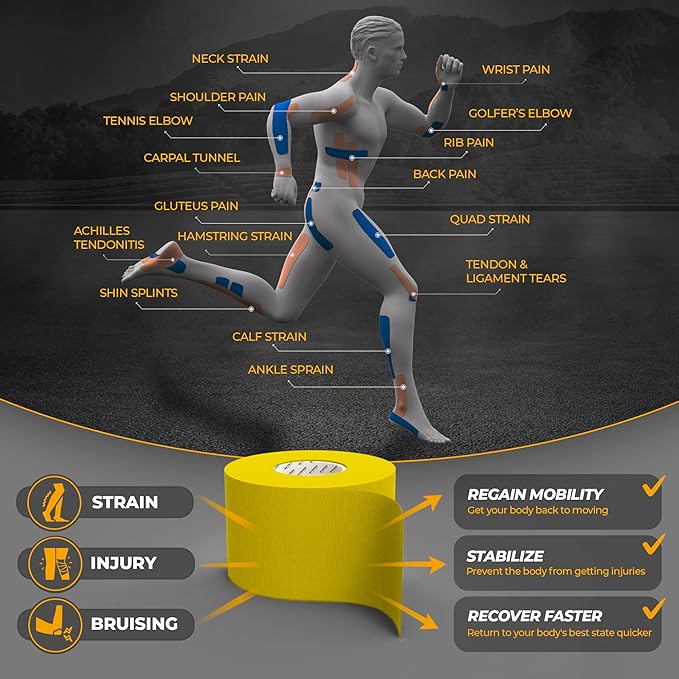 Kinesiology Tape-Incredible Support for Athletic Sports and Recovery + Free Taping Guide-Uncut 2 inch 100 feet Roll (Sunny Yellow + Free Taping Guide, Pack of 1)