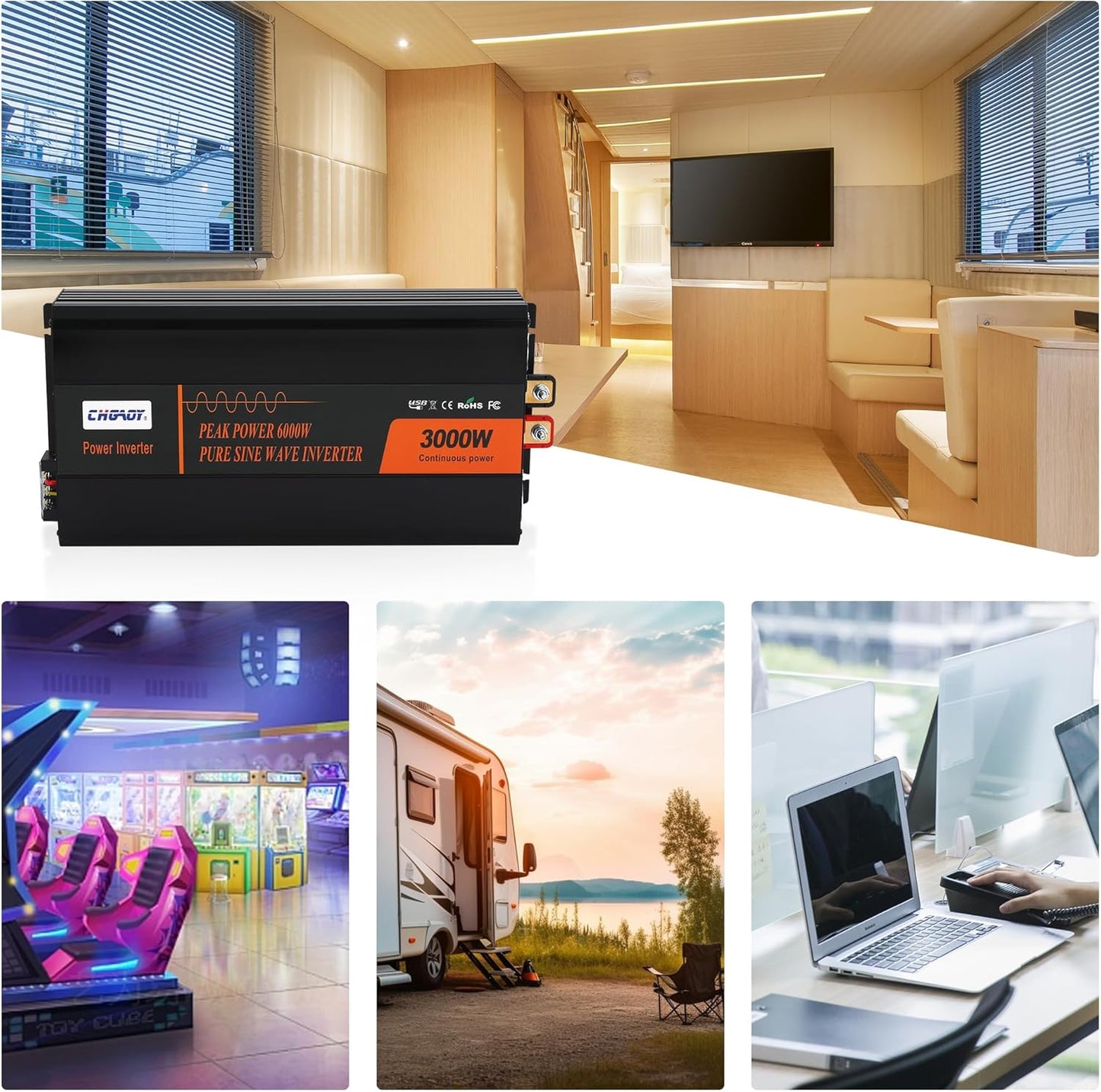3000W Pure Sine Wave Inverter 12V DC to 120V AC Converter for Home, RV, Truck, Off-Grid Solar Power Inverter with Built-in 5V/2.1A USB, Reliable Cable, Remote Controller