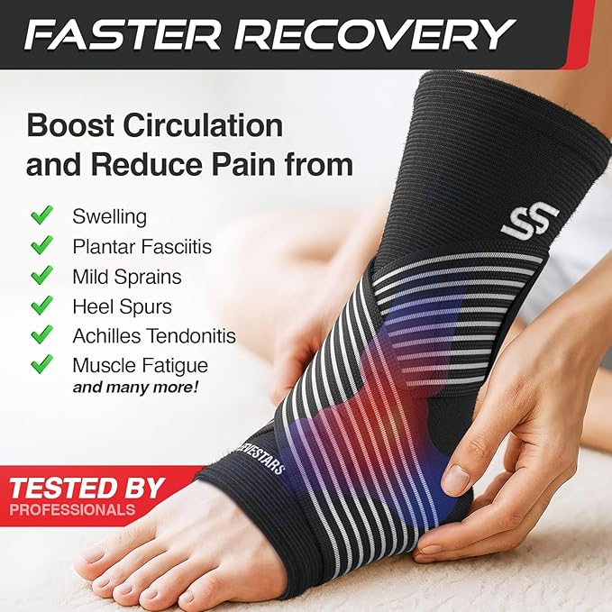 Sleeve Stars Ankle Brace for Women & Men, Ankle Wrap for Sprained Ankle, Compression Sleeve for Plantar Fasciitis Relief, Easy Customizable Support: w/Removable Strap (Single/L:12"-13"/Black)