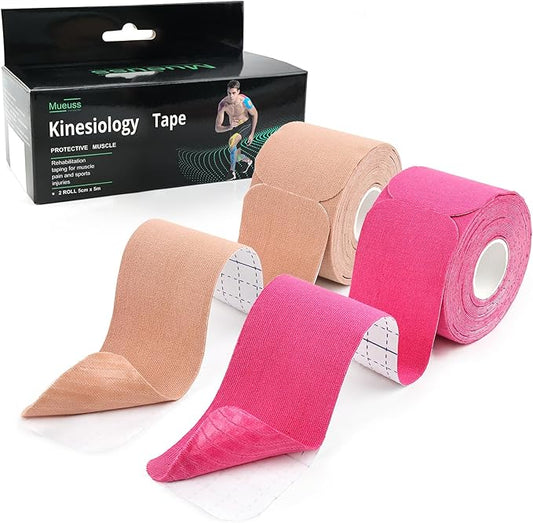 MUEUSS Kinesiology Tape Elastic Cotton Athletic Tape Precut Strips,Waterproof Tape for Protects Muscles,Knees,Shoulders Plantar Fasciitis Pain Relief,Pregnancy Belly Tape (2rolls Pink&Beige)