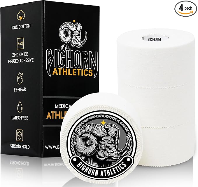 Bighorn Athletics Sports Tape | EZ-Tear White Athletic Tape for Wrist, Ankle & Foot Support | Zinc Oxide Infused & Latex-Free Adhesive, Breathable Cotton Fabric, 1.5-Inch x 45-Feet, 4 Rolls, White