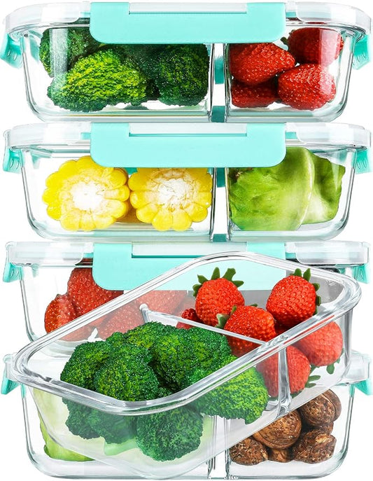 [5-Pack,36 Oz]Glass Meal Prep Containers 2 Compartments Portion Control with Upgraded Snap Locking Lids Glass Food Storage Containers, Microwave, Oven, Freezer and Dishwasher (4.5 Cups, Green)