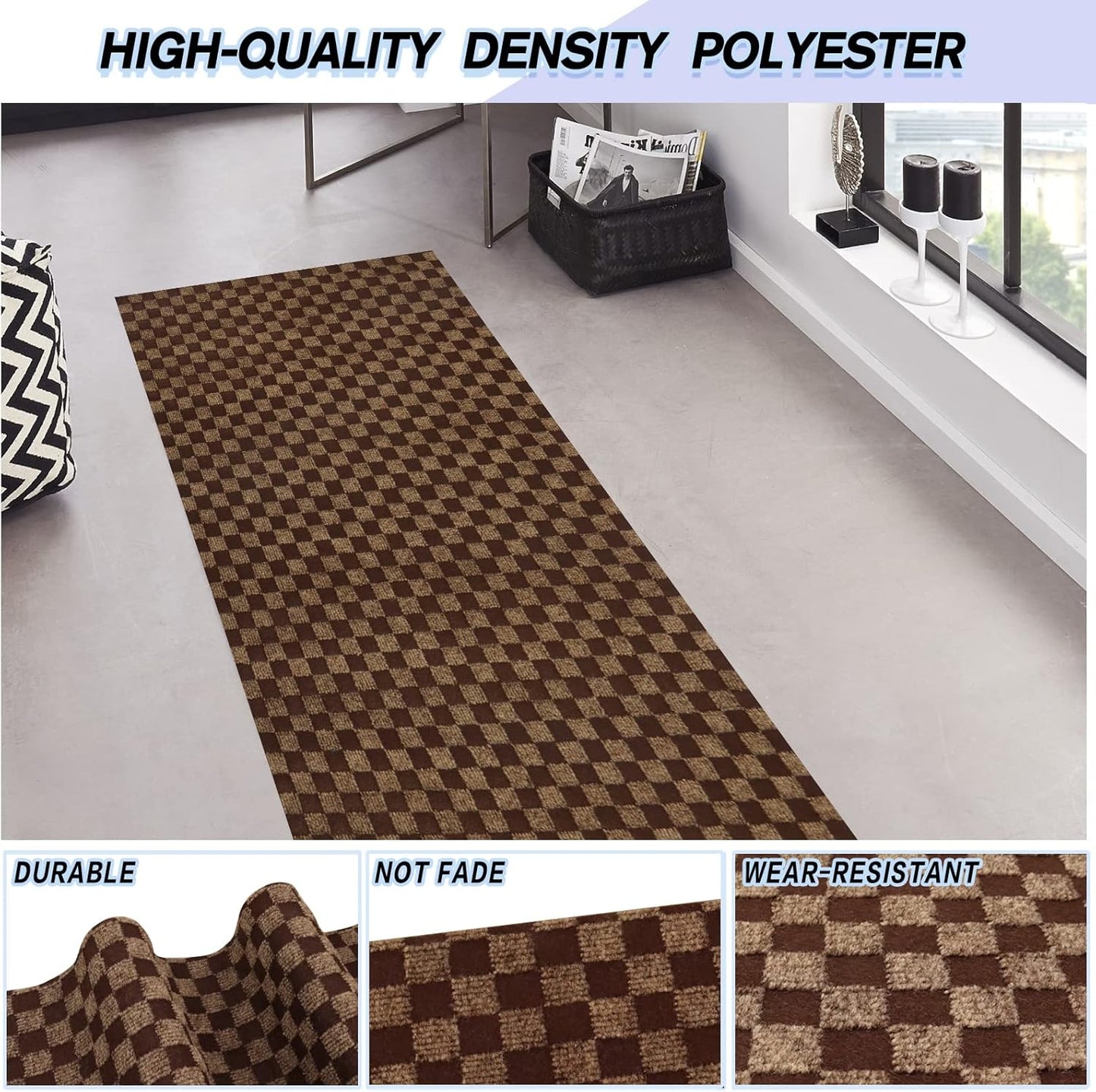 Custom Size Backed Non-Slip Area Rugs Runner, Easy Clean, Waterproof Runner Rugs for Hallway Entryway, Kitchen, Laundry, 4FT x 41FT, Brown Checkered